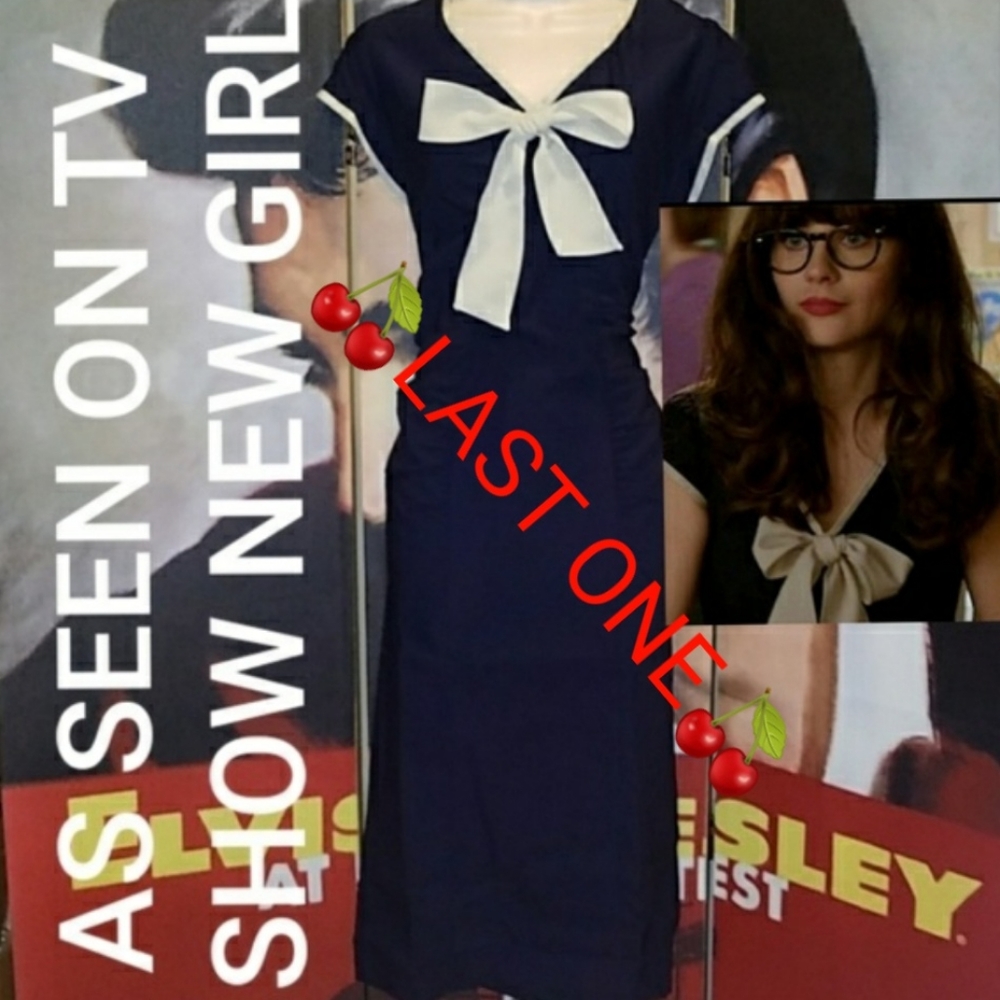 Stop Staring Newport Vintage 1950's Navy Blue Pinup Pencil Dress w Big Tan Bow